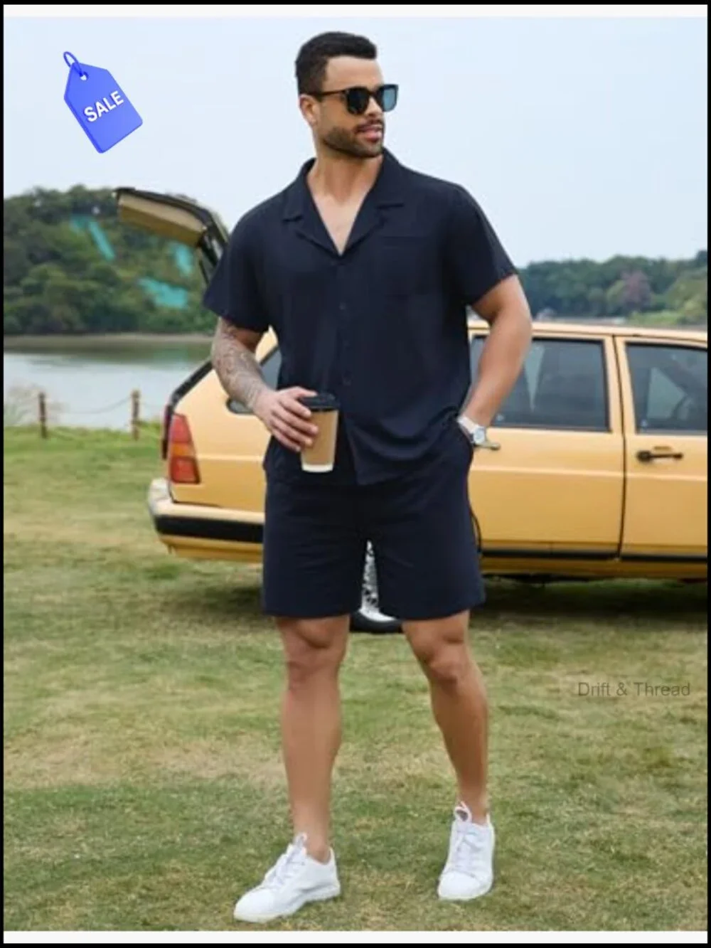 Men's Cotton Pajama Set - Short Sleeve Button Down Lounge Set with Pockets